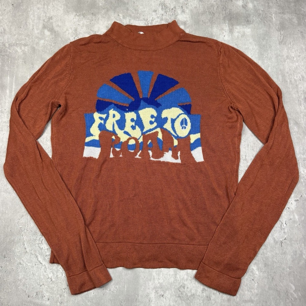 Free People "Free to Roam" Graphic Knit Top Rust Orange Mock Neck Top Small